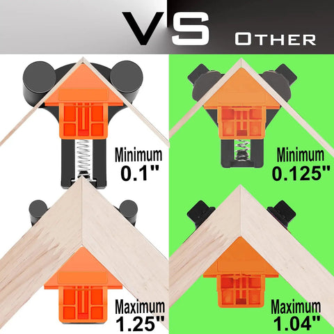 Comparison of 60 90 120 Degree Multi Corner Clamps Set Four For Woodworking showing size adjustments versus other clamps.