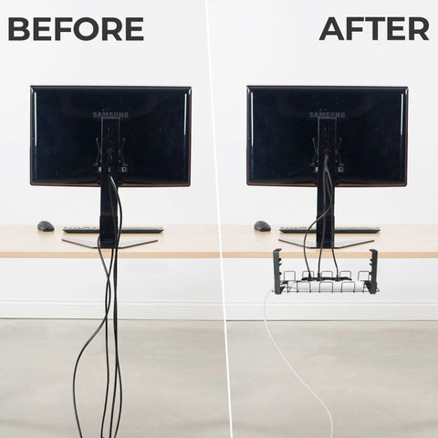 Before and after of desk setup with No Drill Under Desk Cable Management Tray Set, 2 Pack Clamp On Metal Wire Cable Organizer For Desks And Offices