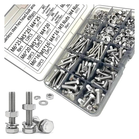 All In One 496 Piece Stainless Steel Hex Head Bolt And Nut Kit for Home Shop and Auto Use, organized compartments with sizes