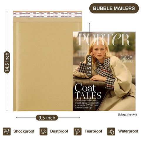 Natural Kraft Bubble Mailers 9.5x14.5 Inch Self Sealing Padded Envelopes 40 Pack with magazine showcasing size comparison