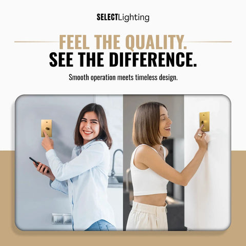One Gang Solid Brass Rotary Dimmer Switch With Three Way And Single Pole Compatibility Satin Brass Finish Smooth Dimming For Modern And Classic Rooms Includes Knob Faceplate And Module installed on wall