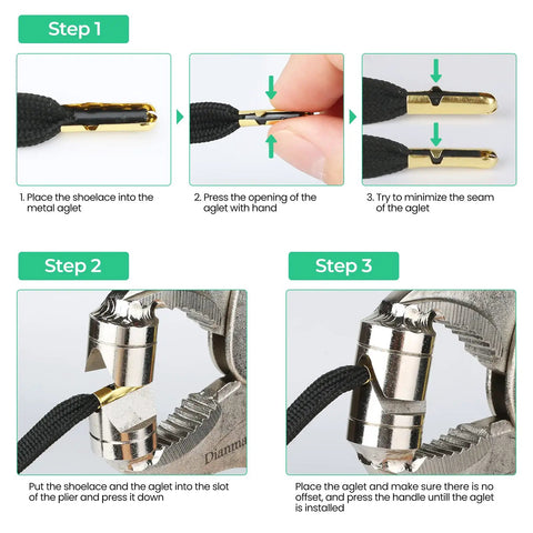 Shoelace insertion into metal aglet with Aglet Crimping Tool For Shoelaces Metal Lace Tips Replacement Kit and vice grip.