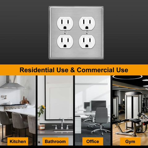 5 Pack 2 Gang Duplex Stainless Steel Wall Plate With Protective Film For Easy Removal, shown for various room uses