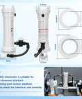 320 Chlorinator In Line Feeder Compatible With 320 Automatic In Line Chlorine And Bromine System For Pools And Spas Holds 11 Large Tablets Or 98 Small Tablets Online Or Offline Use. White PVC in-line feeder with hose and pipe size measurements for pool plumbing