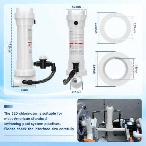 320 Chlorinator In Line Feeder Compatible With 320 Automatic In Line Chlorine And Bromine System For Pools And Spas Holds 11 Large Tablets Or 98 Small Tablets Online Or Offline Use. White PVC in-line feeder with hose and pipe size measurements for pool plumbing