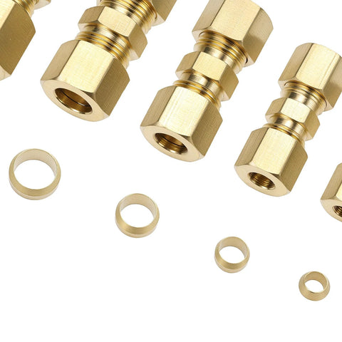 Brass compression tube fittings set, 46pcs, straight union couplings, OD 1/8-1/2 in