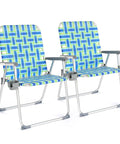 Oversized Folding Aluminum Beach Chair Set With Webbed Seat And Detachable Cup Holder, Heavy Duty 300 Lb Capacity, 2 Pack in Blue and Green