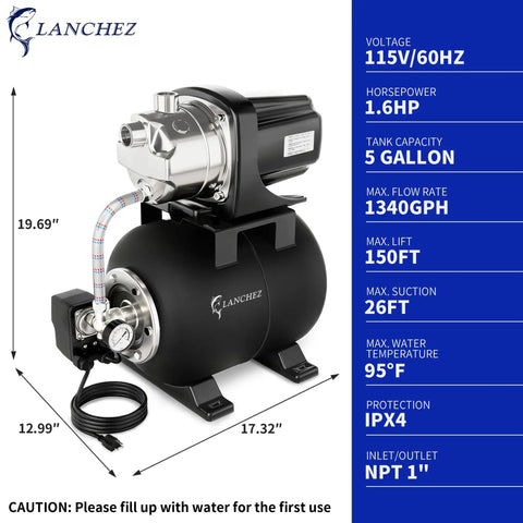 Beefy Shallow Well Pump For Home Gardens, 1.6 HP Motor, stainless steel water transfer, matte black, 115V, 1340 GPH flow