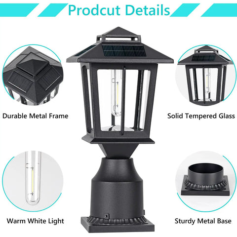 Metal Solar Post Lights 2 Pack Solar Post Cap Lights for Fence Deck Garden Yard Patio Porch Outdoor Decor No Fuss Warm White Bright LED Filament Bulbs Cast Aluminum and Glass Shade