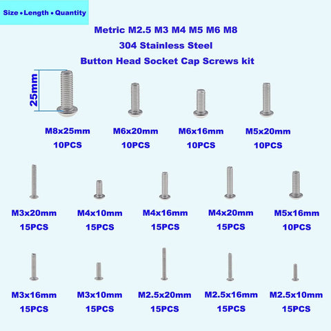 Diagram of Dope Metric Socket Cap Screws Set 185-Piece Assortment Kit, M2.5 M3 M4 M5 M6 M8, Stainless Steel 304, sizes labeled