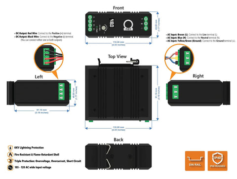 Beefy 48V DIN Rail Power Supply Pumping 120W Regulated Output With Adjustable 48 To 52V Range And Crisp Led Readout Mated With 12 Port Dc Distribution Kit top, front, left, right, and back views showcasing specifications.