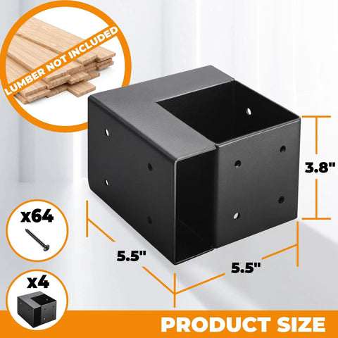 Heavy Duty Workbench Bracket Kit For 2x4 And 4x4 Lumber, Four Pack Leg Frame Braces With Pre Drilled Holes, product size info
