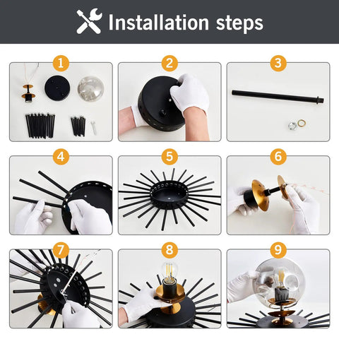 Step-by-step installation for Sleek Black Flush Mount Ceiling Light With Glass Globe Sputnik Starburst 1 Light Close To Ceiling Fixture
