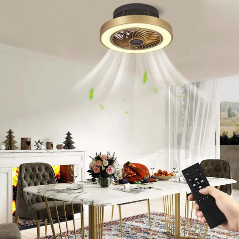 Enclosed Low Profile Ceiling Fan With Light In Modern Gold 3 Color Dimming LED Lights 6 Speed Indoor Ceiling Fan For Bedroom And Living Room Quiet Energy Efficient Includes 2H Smart Timer in dining room