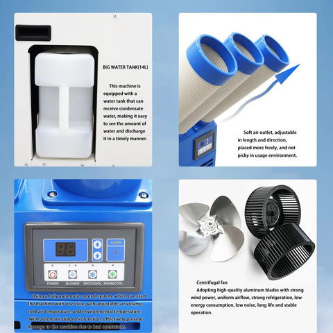 Heavy Duty 220V Industrial Air Conditioner Portable Spot Cooler With Three Adjustable Airflow Ducts And Smart Panel Controls For Shops Or Warehouses Chillin The Area Straight Up All Weekend Long showing water tank and air outlet.