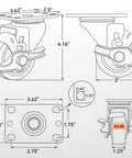 Heavy Duty 3 Inch Caster Wheels With Top Lock Brake Industrial Plate Mount 50 Pack detailed measurements diagram