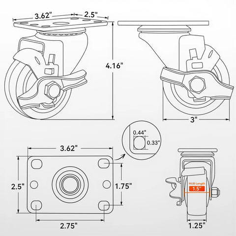Heavy Duty 3 Inch Caster Wheels With Top Lock Brake Industrial Plate Mount 50 Pack detailed measurements diagram