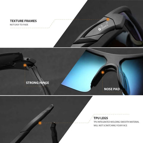 Close-up of Dope Polarized Sports Sunglasses TR90 Unbreakable Frame For Men And Women showing texture frames, strong hinge, nose pad, TPU legs