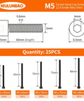 Diagram showing M5 Hex Socket Head Cap Screws with measurements, part of the 25Pcs M5 Hex Socket Head Cap Screws Set Heavy Duty 60 65 70 75 80mm Fully Threaded 12.9 Grade Alloy Steel Black Oxide Finish Allen Drive Metric Machine Screws Assortment Kit