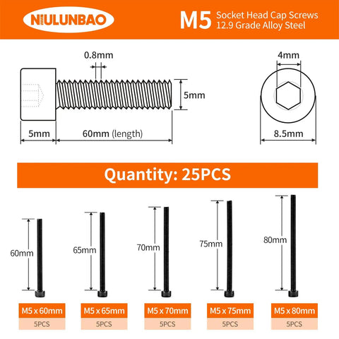 Diagram showing M5 Hex Socket Head Cap Screws with measurements, part of the 25Pcs M5 Hex Socket Head Cap Screws Set Heavy Duty 60 65 70 75 80mm Fully Threaded 12.9 Grade Alloy Steel Black Oxide Finish Allen Drive Metric Machine Screws Assortment Kit