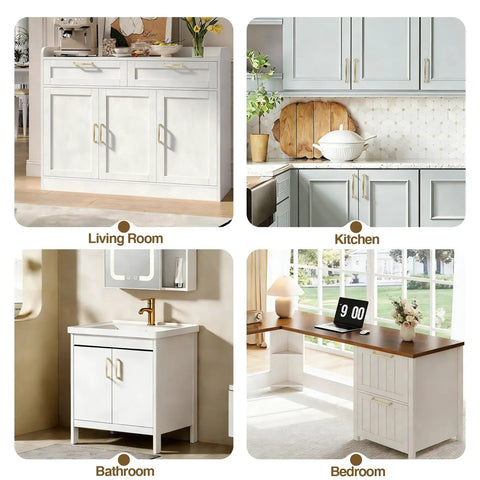 10 Pack Brushed Gold Cabinet Pulls For 5 Inch Center on cabinets in living room, kitchen, bathroom, and bedroom settings.
