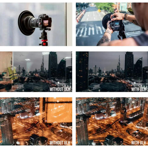 Image showing Ultimate Lens Hood For DSLR Cameras in use, blocking glare and reflections, comparison with and without the hood.