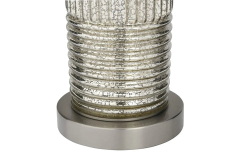 Close-up of metal base of Reeded Glass Table Lamp With Metal Base In Antiqued French Silver Mercury Glass Finish, 30 Inches Tall