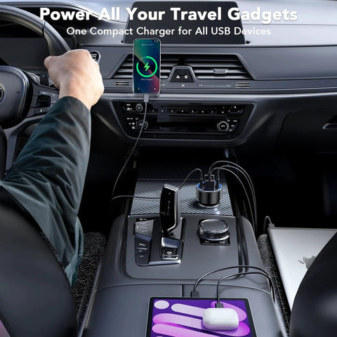 Four Port Car Charger With Voltmeter 78W Fast Charge USB C And USB A Hub powering devices in car interior