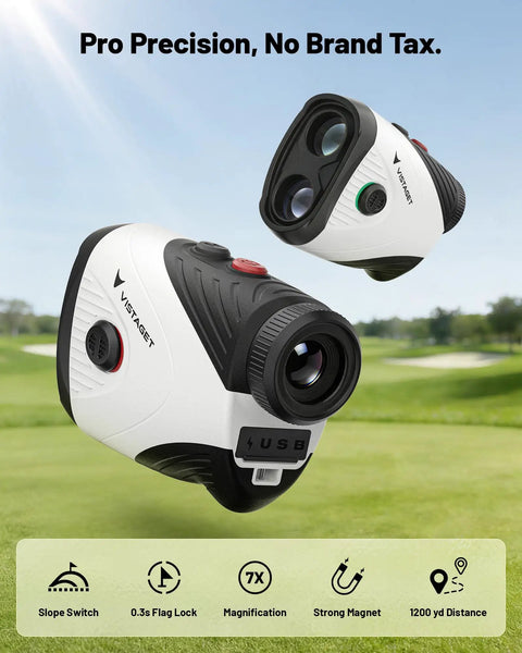 Golf Range Finder With Slope On Off, 1200 Yard Laser, 7X Magnification, Flag Lock Vibration, Magnetic Mount, USB C Rechargeable on grass