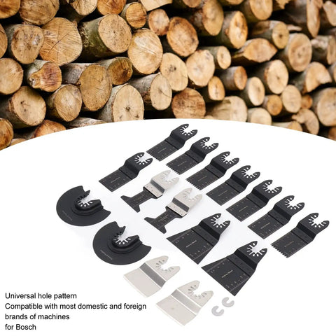 18 Piece Oscillating Multitool Blade Set With Universal Fit For Most Brands displayed with wood background