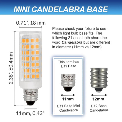 Diagram showing LED E11 Mini Candelabra Light Bulb 5W High Output with 11mm base size, comparison to E12 base.