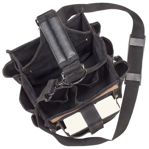 25 Pocket Electrical And Maintenance Tool Carrier With 7 Inch By 5 And A Half Inch Multi Compartment Tray Box Style Pouch Tipping Resistant Design For Drill Bits Tips Testers Pliers Screwdrivers And More, open view