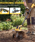 Person using Cordless Garden Tiller Cultivator With 48 Steel Tines, 360 RPM Rototiller, 9.7 Inch Width And 7 Inch Depth in garden