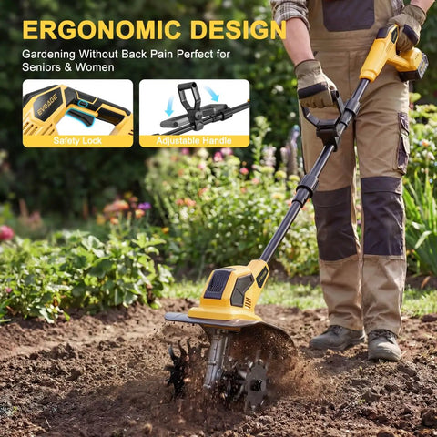 Person using Cordless Garden Tiller Cultivator With 48 Steel Tines, 360 RPM Rototiller, 9.7 Inch Width And 7 Inch Depth in garden