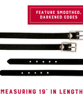 Black Bridle Leather Spur Straps Half Inch Wide By 19 Inches Long With Smooth Darkened Edges And Nickel Plated Hardware