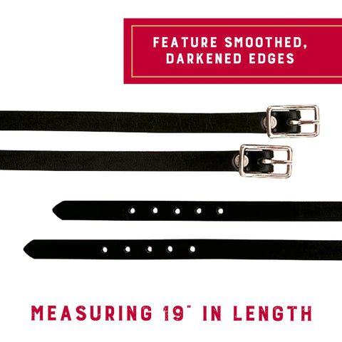 Black Bridle Leather Spur Straps Half Inch Wide By 19 Inches Long With Smooth Darkened Edges And Nickel Plated Hardware