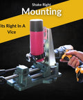 Drill Powered Paint Shaker Electric Spray Can Mixer for 5-16 oz cans mounted on a vice with a drill in hand