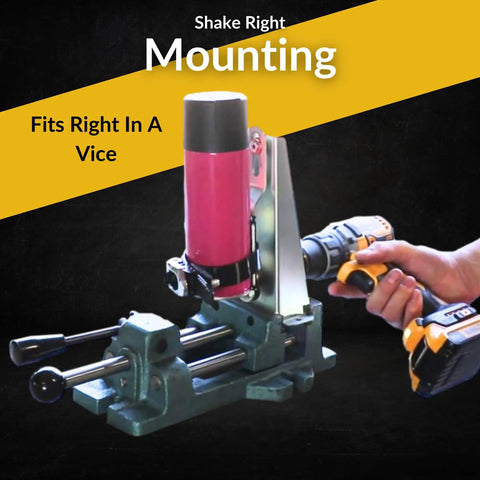 Drill Powered Paint Shaker Electric Spray Can Mixer for 5-16 oz cans mounted on a vice with a drill in hand