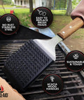 Grill Brush And Scraper For Outdoor Barbecue With Extended Wooden Handle And Replaceable Stainless Steel Bristle Head in use