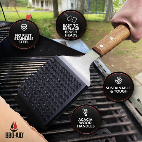 Grill Brush And Scraper For Outdoor Barbecue With Extended Wooden Handle And Replaceable Stainless Steel Bristle Head in use