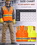 Lightweight Fluorescent Orange High Visibility Work Vest Featuring Breathable Poly Knit Mesh For Daily Grind Toughness And Sweat Wicking Crew Comfort In Small, displayed with size chart.