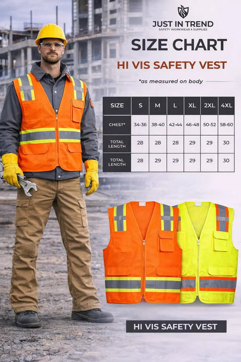 Lightweight Fluorescent Orange High Visibility Work Vest Featuring Breathable Poly Knit Mesh For Daily Grind Toughness And Sweat Wicking Crew Comfort In Small, displayed with size chart.