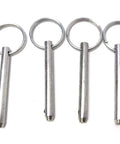 Four Pack Quick Release Pins for Marine Hardware Quarter Inch Diameter, 1.85 Inch Usable Length, shown with spring-loaded tips