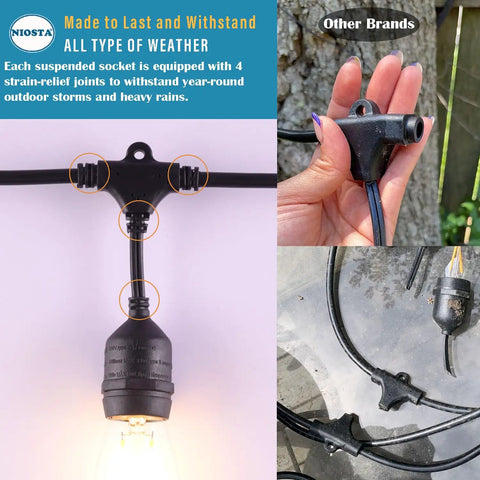 Close-up of 24 Ft Outdoor Hanging String Lights With 12 Vintage S14 LED Bulbs Heavy Duty 120V Plug In Connectable And Dimmable