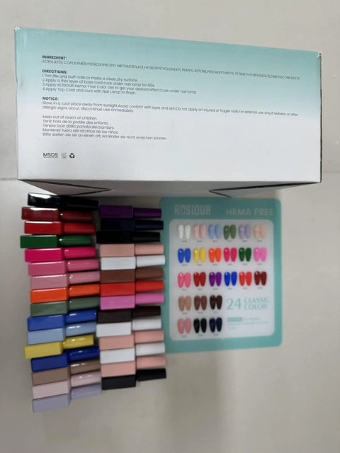 Gel Nail Polish Set With 24 Vivid Colors, 18ml Bottles, Starter Kit box with ingredients, instructions, and color samples visible.