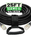 Heavy Duty 25 Foot Outdoor Extension Cord Built Tough For Real Outdoor Jobs 10 Gauge Waterproof Black With Lighted End