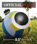 Official size 5 volleyball measuring 8.5 inches on grass, part of the Portable Backyard Volleyball Set With Durable Net All Weather Construction Includes Pump Wrap Yarn Volleyball Boundary Lines Carry Bag Classic Blue Green Easy Setup For Instant Play.
