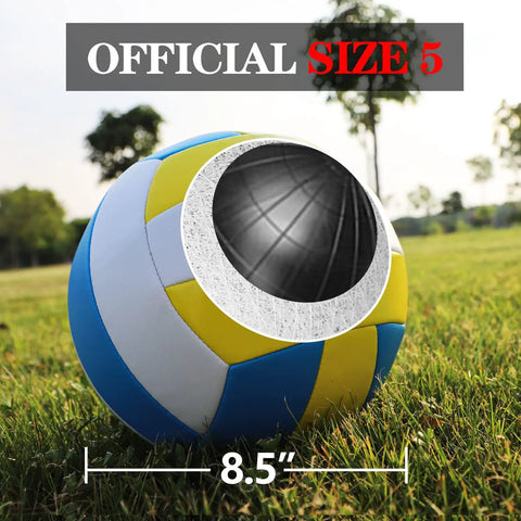 Official size 5 volleyball measuring 8.5 inches on grass, part of the Portable Backyard Volleyball Set With Durable Net All Weather Construction Includes Pump Wrap Yarn Volleyball Boundary Lines Carry Bag Classic Blue Green Easy Setup For Instant Play.