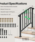 Product specifications of Heavy Duty Three Step Wrought Iron Handrail With Curved Metal Balusters In Matte Black Finish.