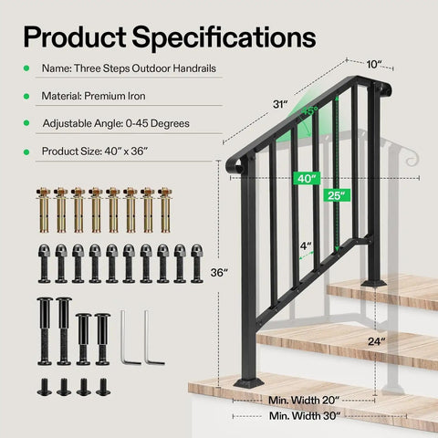 Product specifications of Heavy Duty Three Step Wrought Iron Handrail With Curved Metal Balusters In Matte Black Finish.
